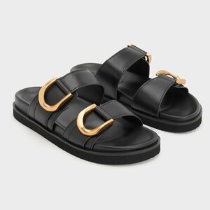 Charles & Keith Gabine Buckled Leather Slides - Black